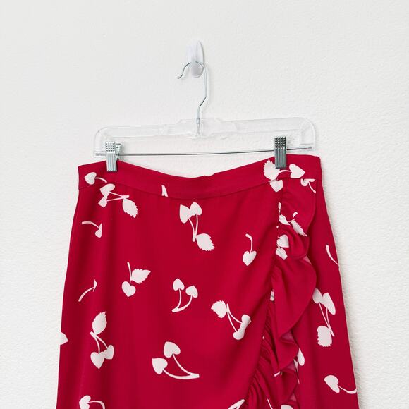 [ModCloth] It's A Wrap Red Cherry Heart Print Ruffle Faux Wrap Midi Skirt Sz 12 - Picture 9 of 11